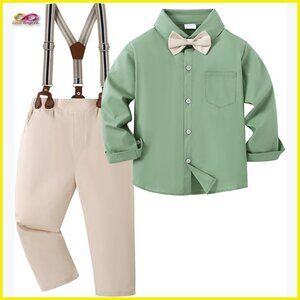 Toddler Boy Formal Suit Set Dress Shirt Bowtie Suspenders Wedding Outfit